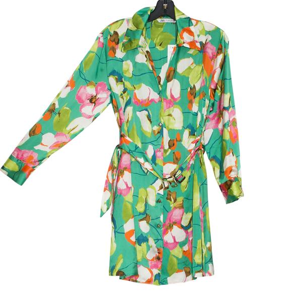 NWT Zara Shirt Dress Boho Garden Party Feminine Floral Satin Belted Green Small - Picture 6 of 6